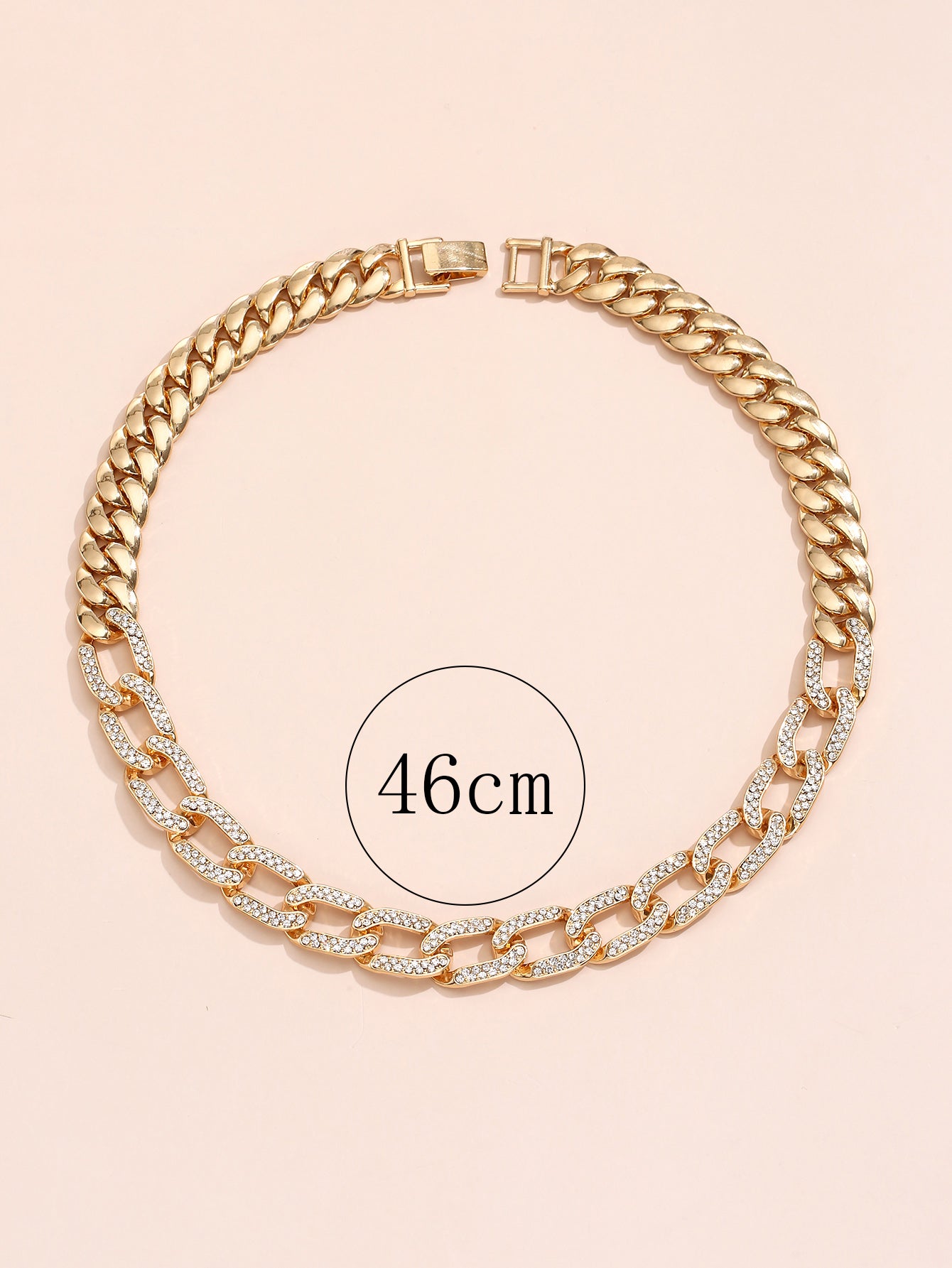 Half Cuban Half Cable Link Golden Chain Necklace with Crystal Unisex