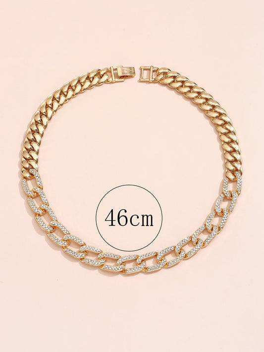 Half Cuban Half Cable Link Golden Chain Necklace with Crystal Unisex