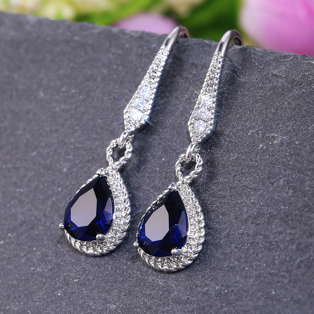 Beautiful Women Blue Sapphire Crystal Waterdrop Hook Earrings