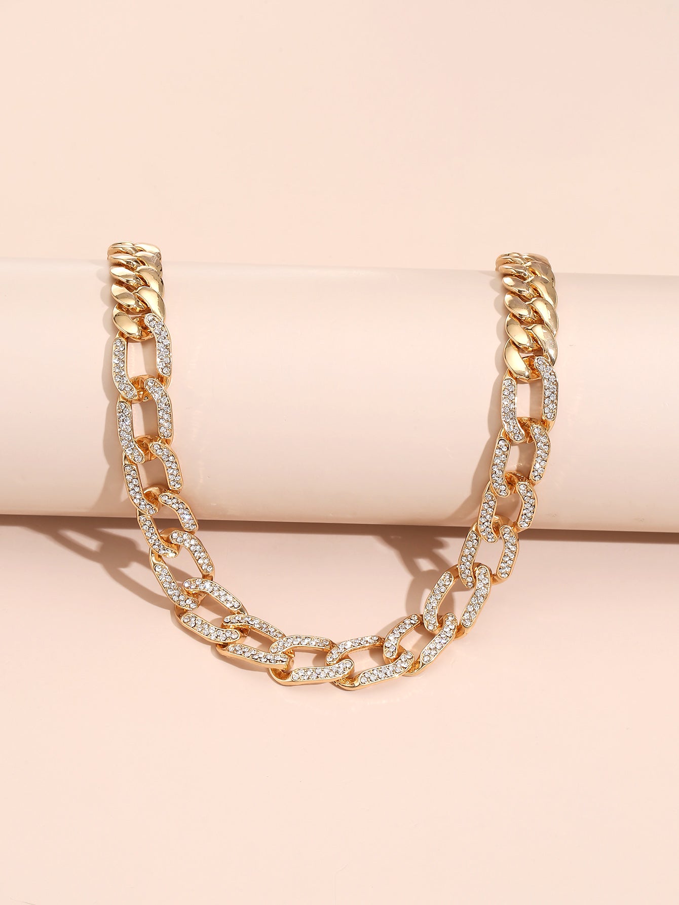 Half Cuban Half Cable Link Golden Chain Necklace with Crystal Unisex