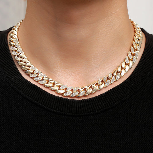 Cuban Link Gold Chain Necklace with Crystals Unisex
