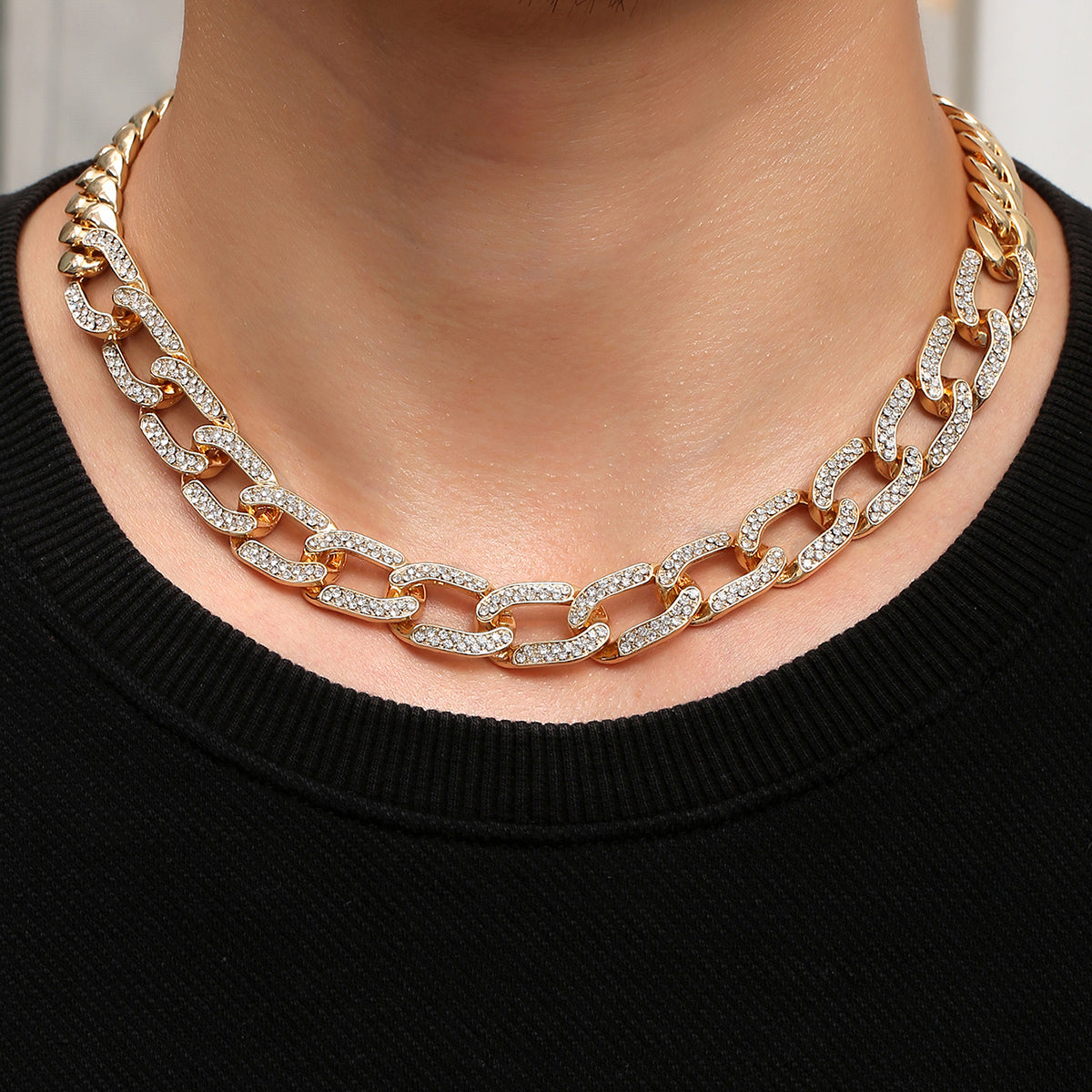 Half Cuban Half Cable Link Golden Chain Necklace with Crystal Unisex