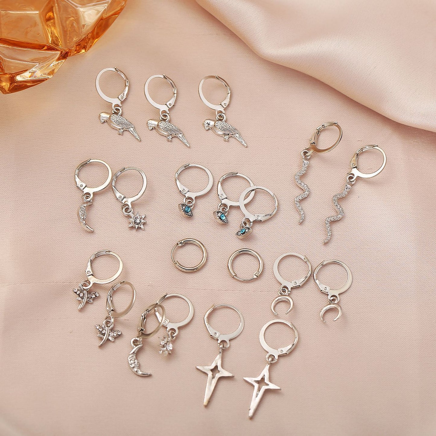 Star Moon Butterfly Flash Evil Eyes Silver Huggies 9 Pairs Earrings Pack