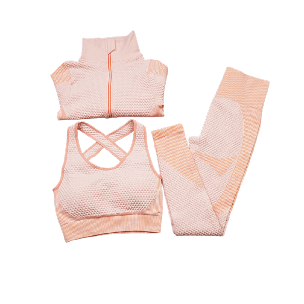 3 Pieces Yoga Gym Set Women Fitness Suit Leggings Jacket Bra in Peach