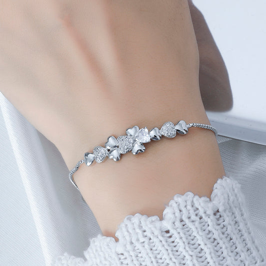 Stunning Silver Four-leaf Clover Linked Heart Crystal Adjustable Bracelet