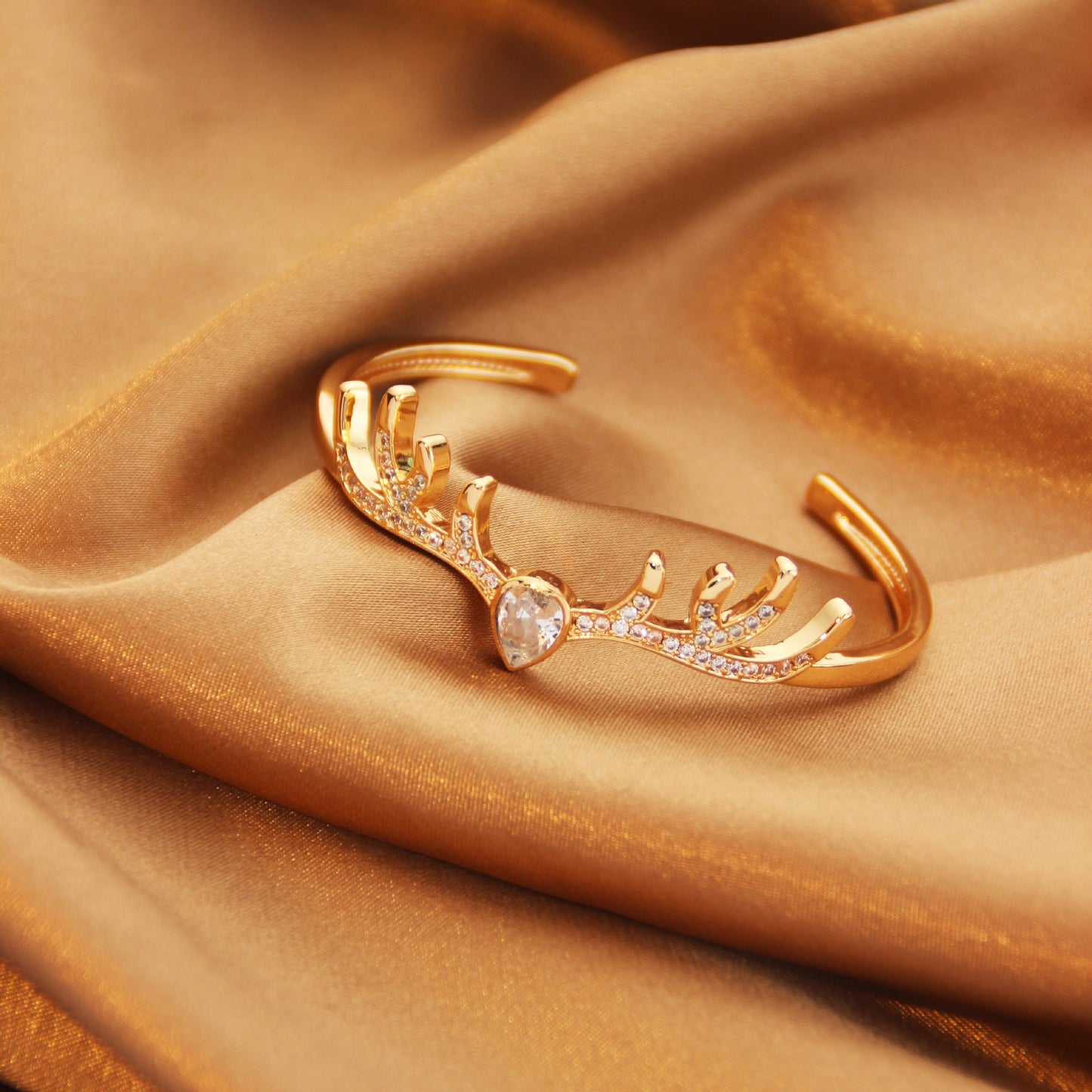 Women Sparkly Crystal Deer Antler Bangle in Gold Tone