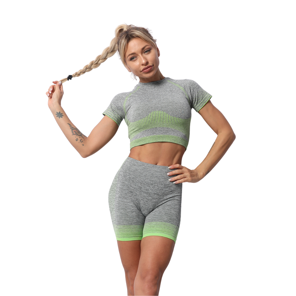 Seamless High Quality Stretchy Yoga Activewear Gym Suit 2pcs Set Grey & Green - Top and Shorts
