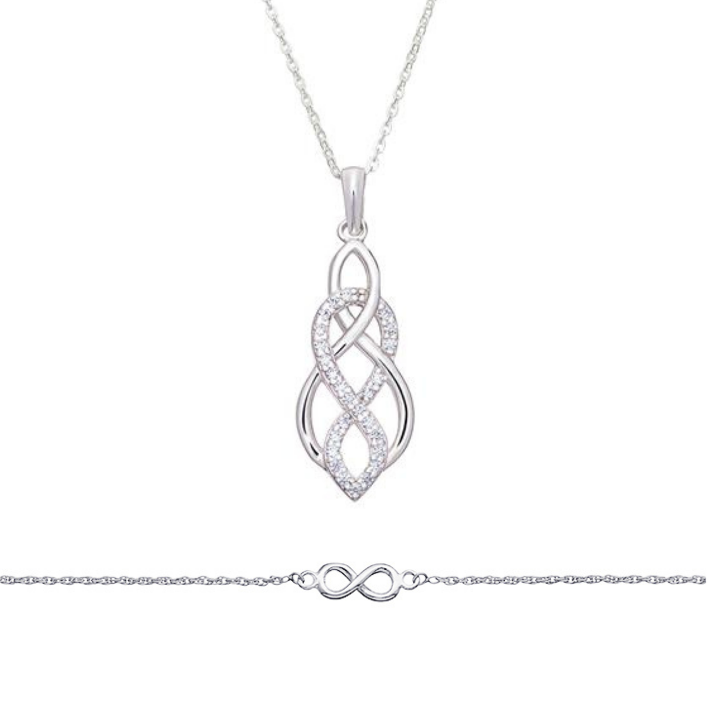 Sterling Silver C/Z Celtic Style Infinity Necklace and Infinity Bracelet Set
