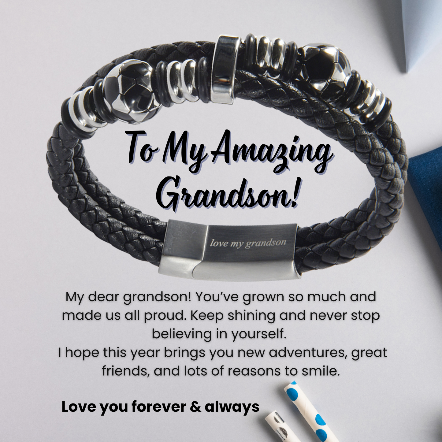 Bracelet For Grandson FootBall Theme Engraved Leather Stainless steel with Personalised Message
