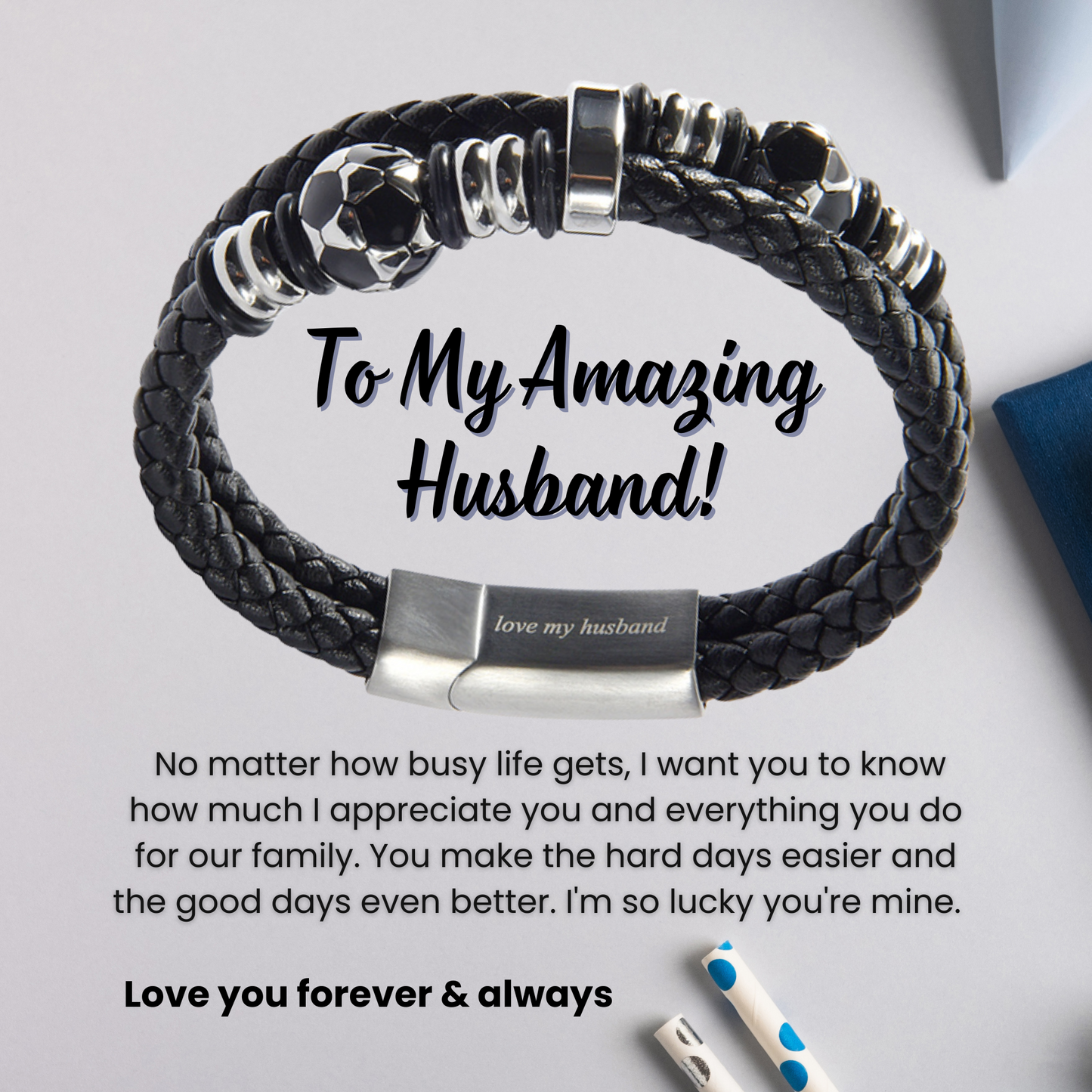 Bracelet For Husband FootBall Theme Engraved Leather Stainless steel with Personalised Message