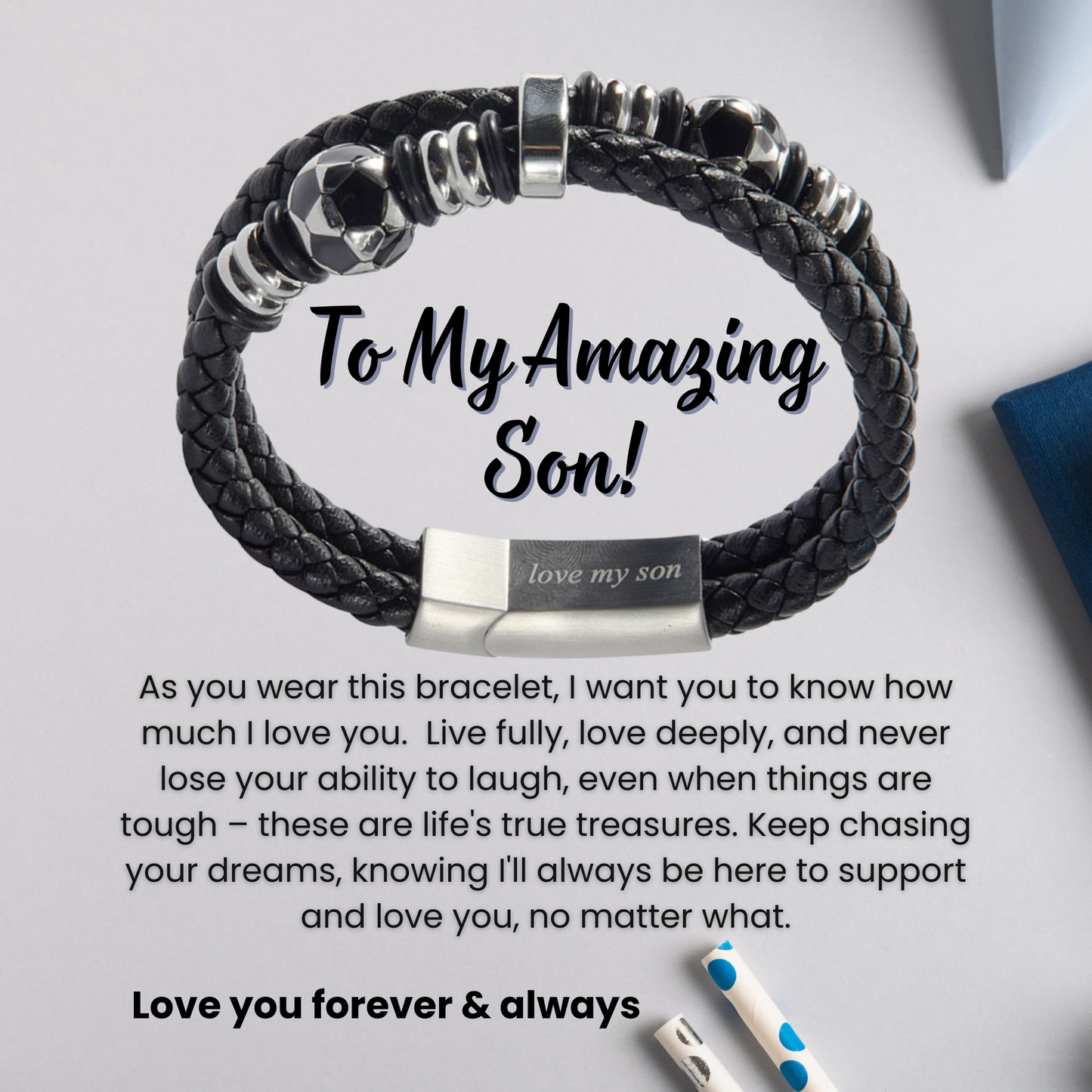 Bracelet For Son FootBall Theme Engraved Leather Stainless steel with Personalised Message