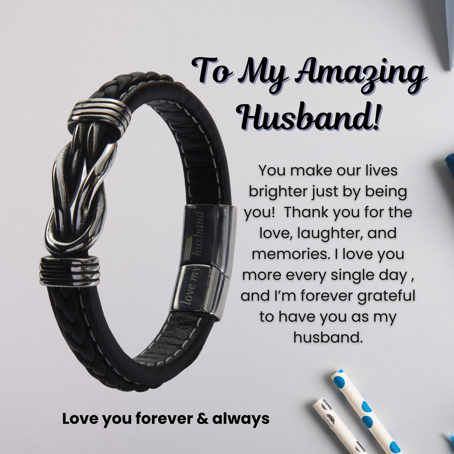 Infinity Bracelet For Husband Engraved Real Leather Stainless steel with Personalised Message