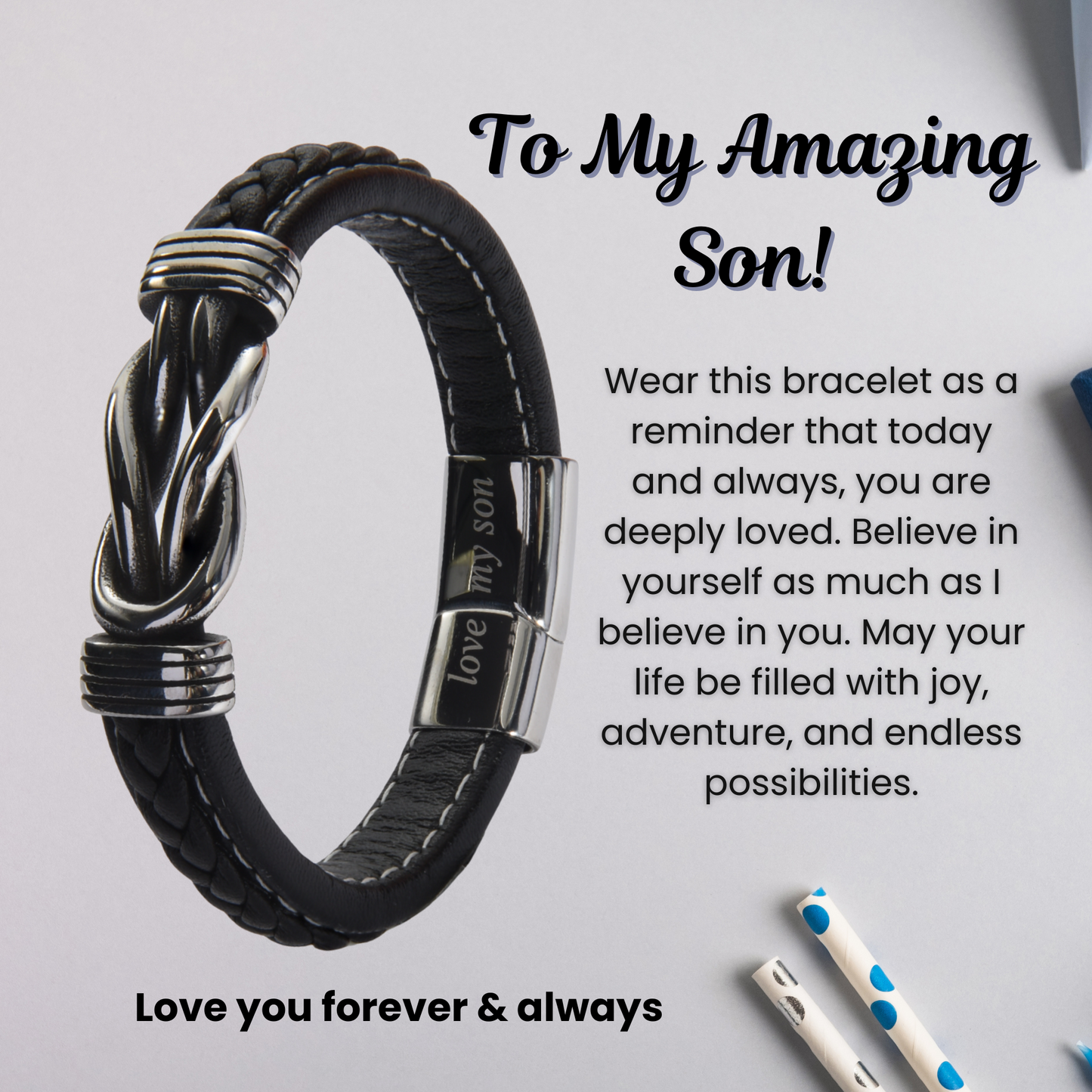 Infinity Bracelet For Son Engraved Real Leather Stainless steel with Personalised Message
