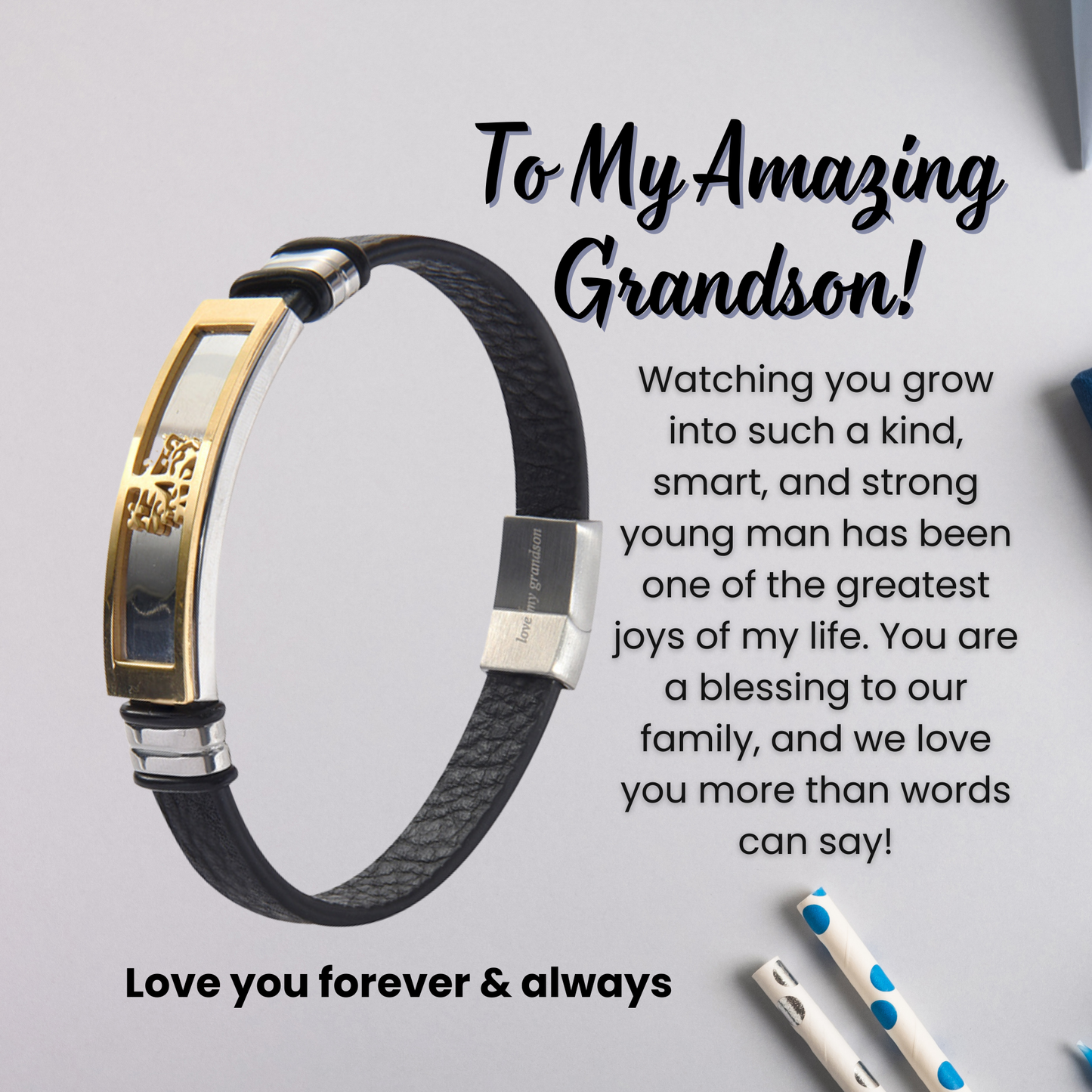 Tree of Life Bracelet For Grandson Engraved Real Leather Stainless steel with Personalised Message Card