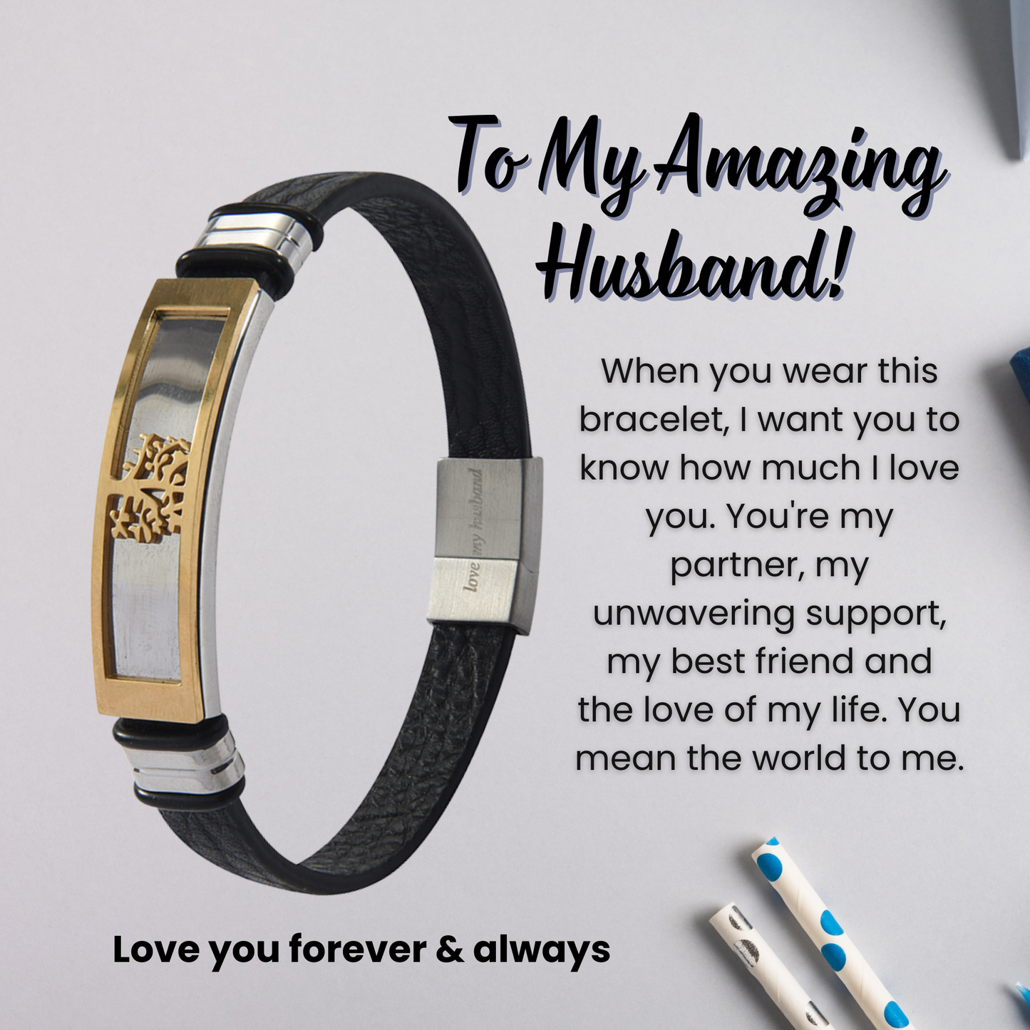 Tree of Life Bracelet For Husband Engraved Leather Stainless steel with Personalised Message