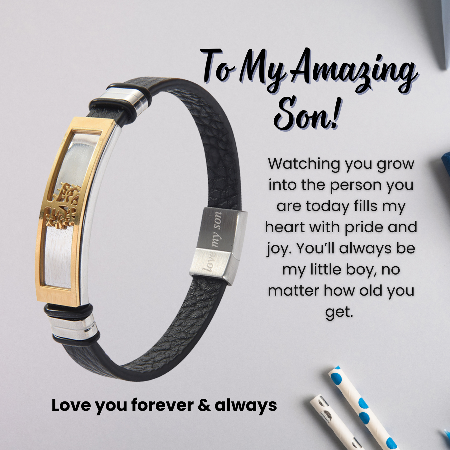 Tree of Life Bracelet For Son Engraved Real Leather Stainless steel with Personalised Message Card