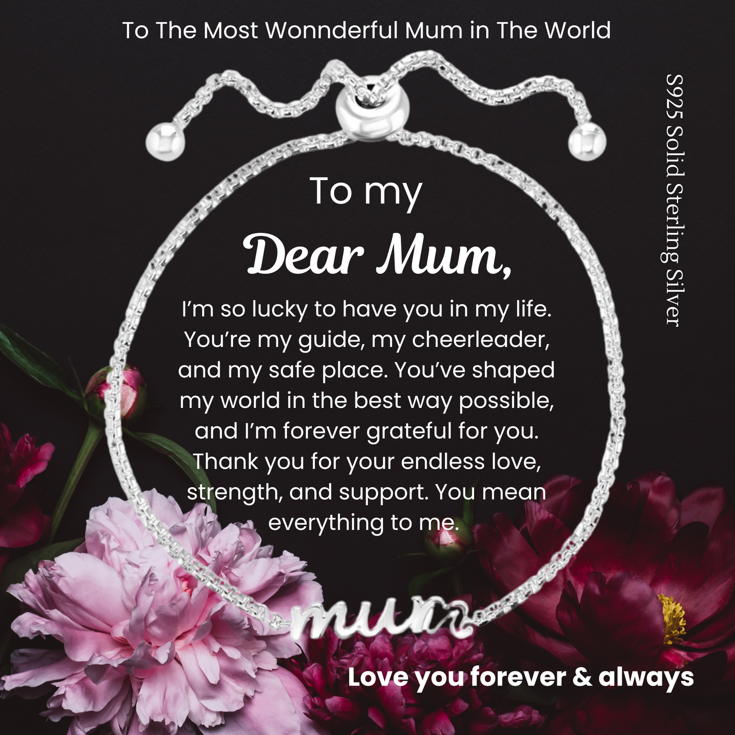S925 Sterling Silver Mum Toggle Adjustable Bracelet with Message Card