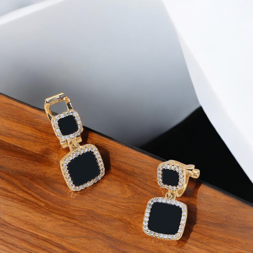 Gold Tone Square Black Drop Earrings Ear Clip Cuff Non Pierced