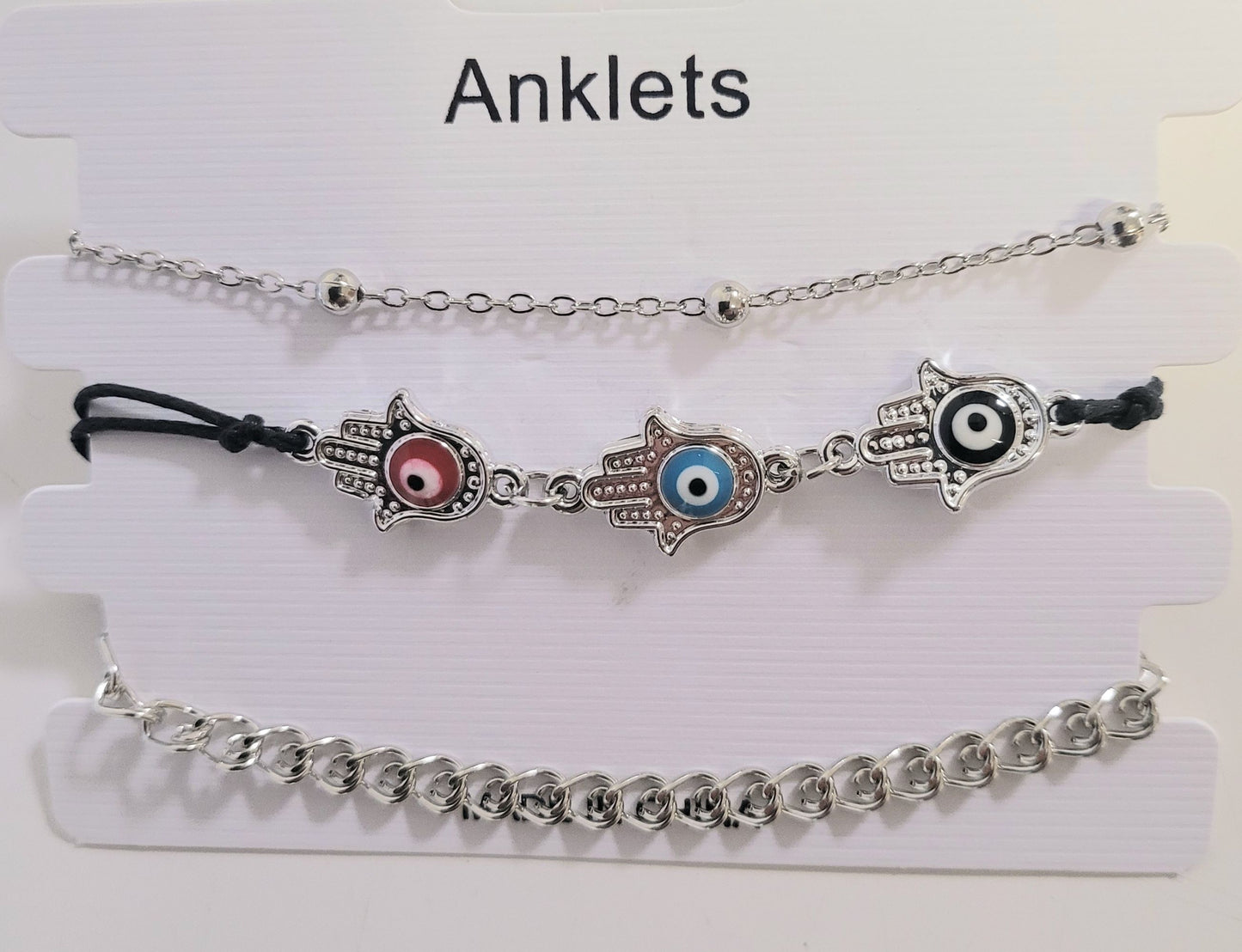 Silver Tone 3 Pcs Layered Hamsa Hand Anklet