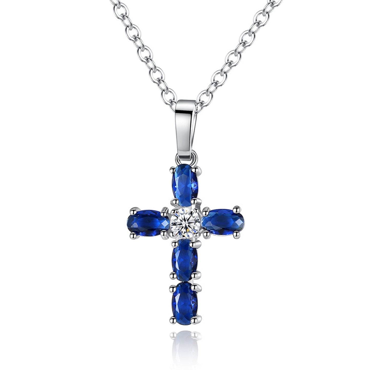 Beautiful Blue Sapphire Crystal Cross Silver Pendant Necklace