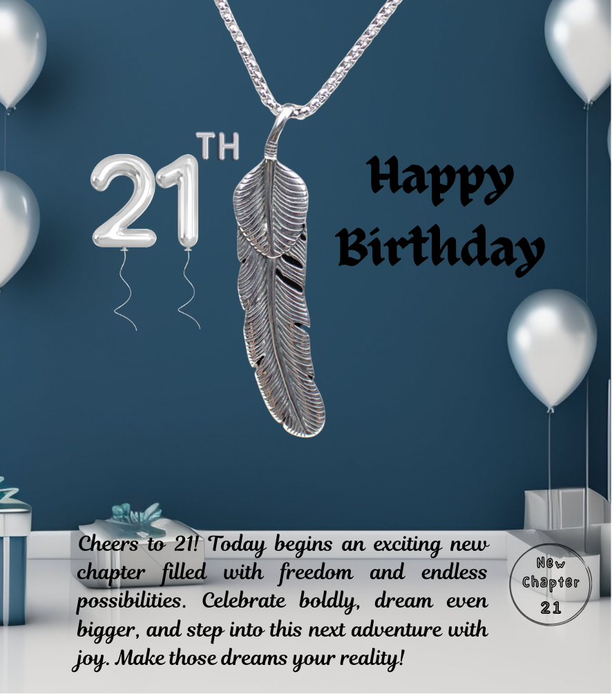 21th Birthday Vintage Retro Feather Stainless Steel Pendant Necklace with Personalised Message Card