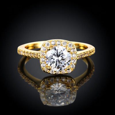 Stunning Gold Tone Halo Cushion Crystal Ring – 3 sizes
