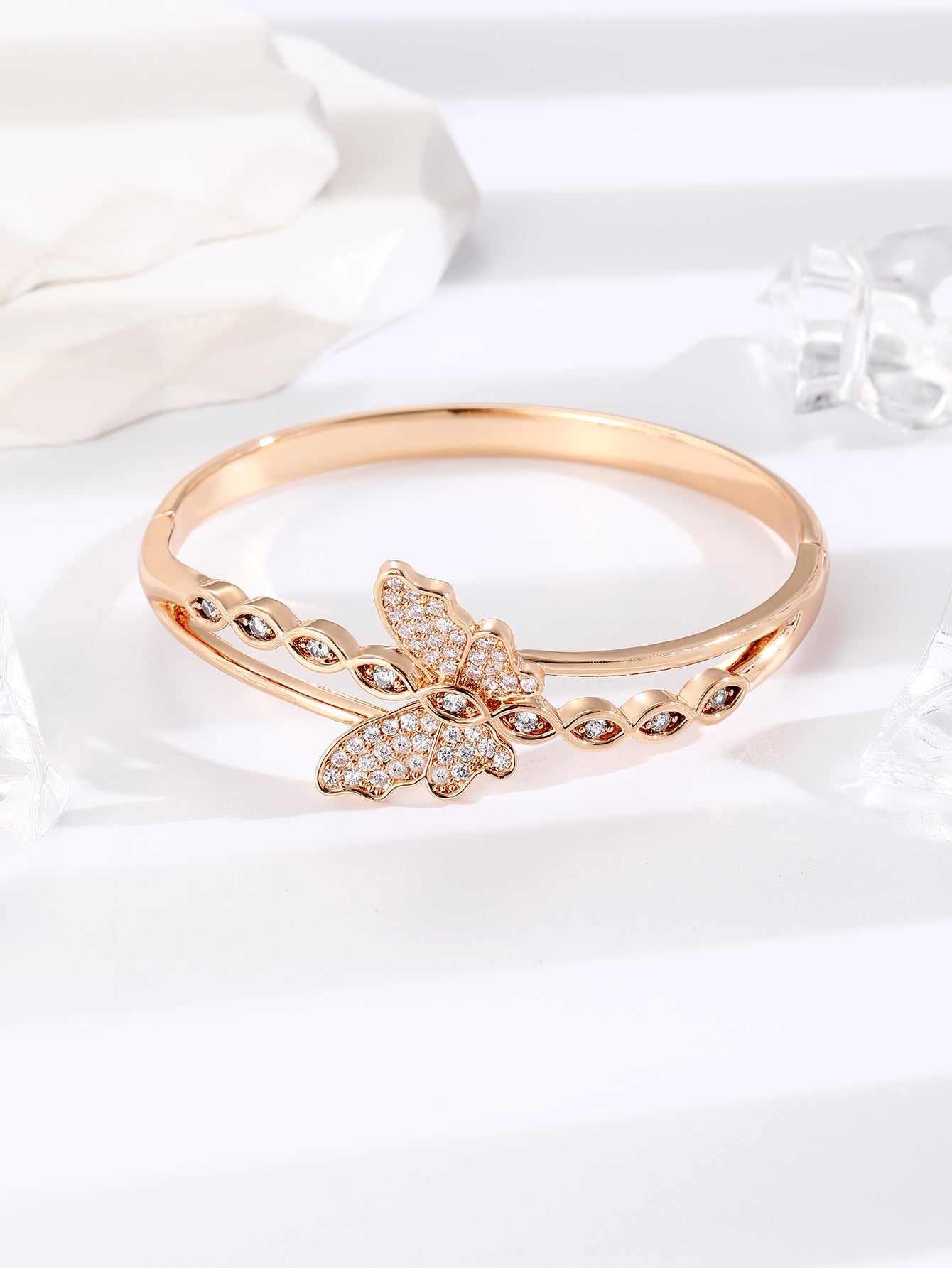 Hinged Butterfly, Family Tree and Love Heart Shape Bangles in Gold Tone with Crystals