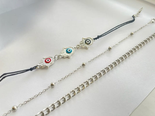 Silver Tone 3 Pcs Layered Hamsa Hand Anklet