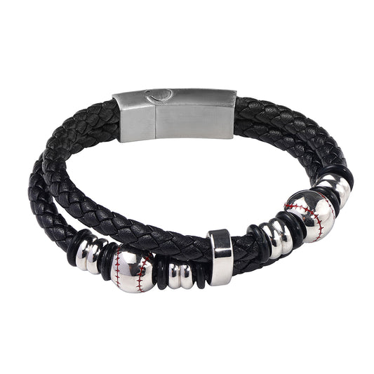 Stylish Men’s Black Leather Beads Bracelet In Baseball Pattern