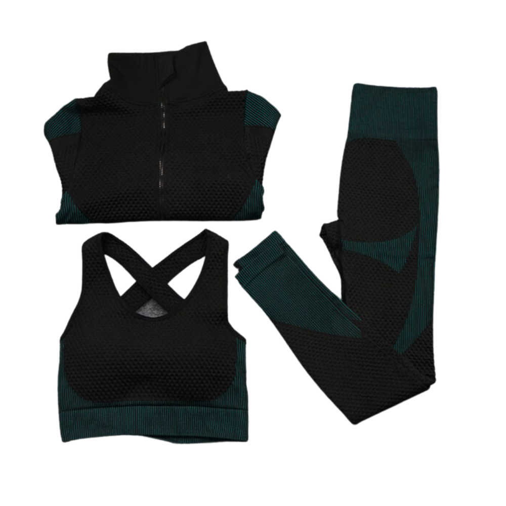 3 Pieces Yoga Gym Set Women Fitness Suit Leggings Jacket Bra in Dark Green & Black