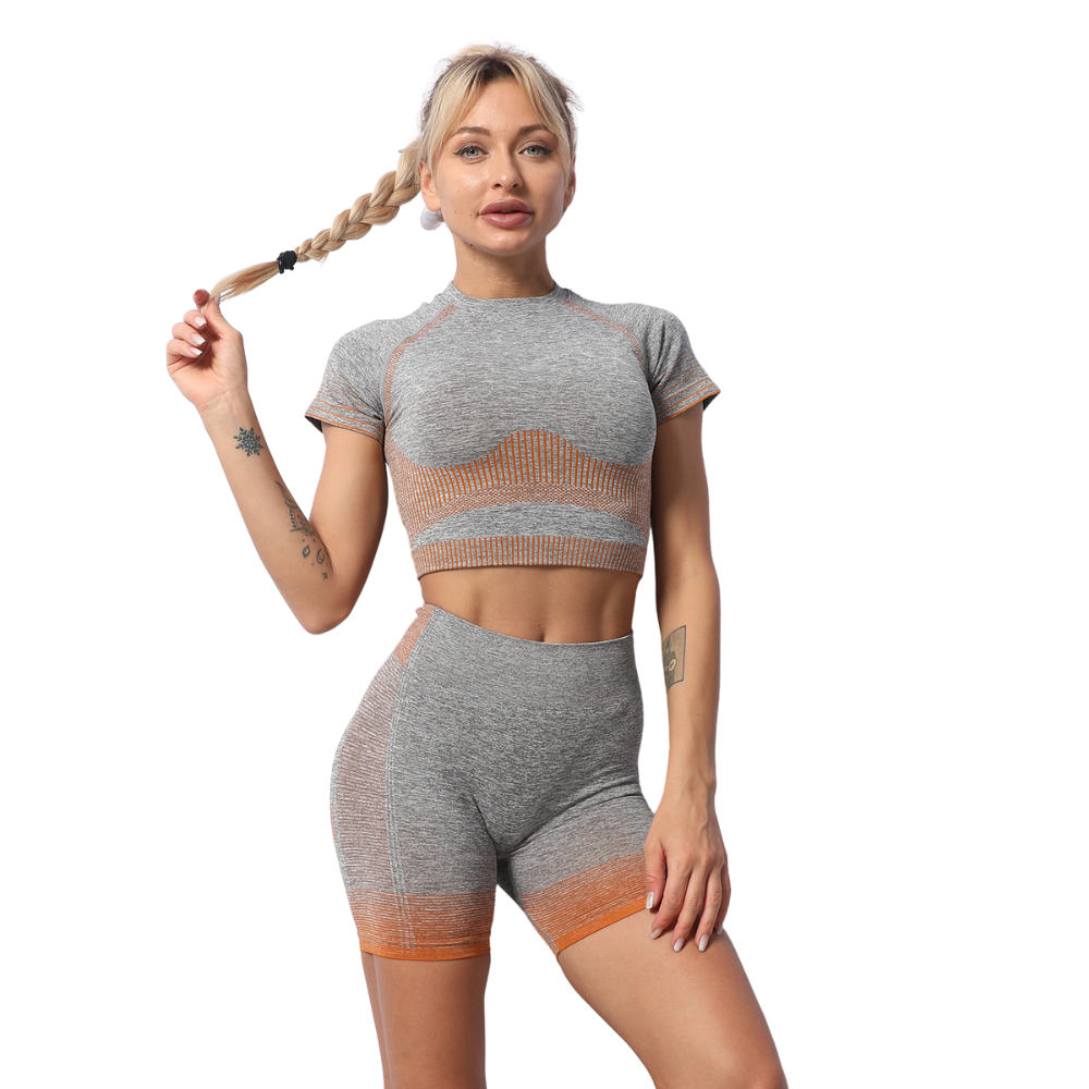 Seamless High Quality Stretchy Yoga Activewear Gym Top & Short Legging Suit 2 Pcs Set -Orange and Grey