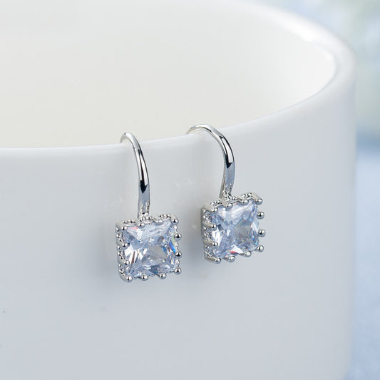 Fashion Sparkly Crystal Square Hook Earrings in Silver Tone