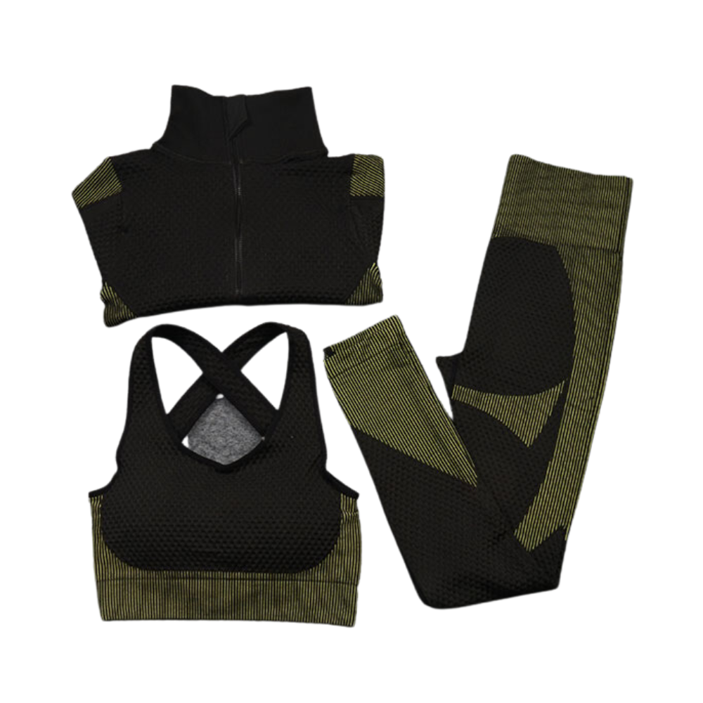 3 Pieces Yoga Gym Set Women Fitness Suit Leggings Jacket Bra in Olive Green & Black