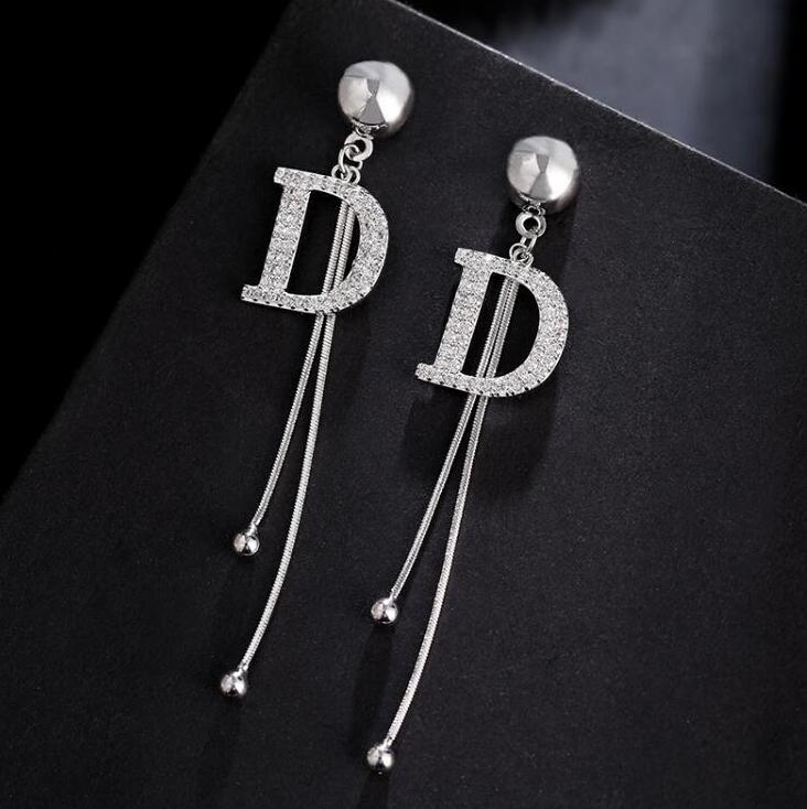 Silver Tone Crystal Letter D Tassel Stud Earrings