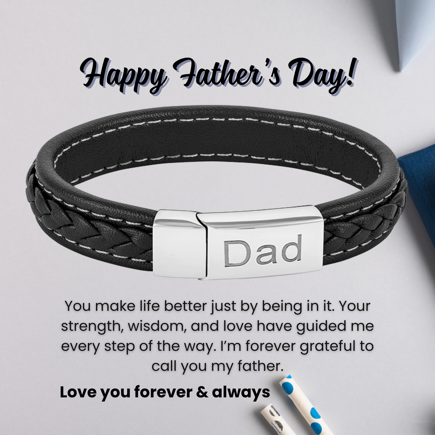 Black leather Bracelet for Dad Engraved Stainless steel with Personalised Message Card