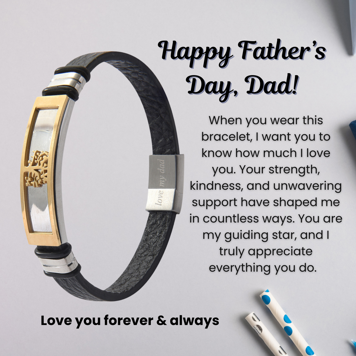 Tree of Life Bracelet For Dad Engraved Real Leather Stainless steel with Personalised Message Card