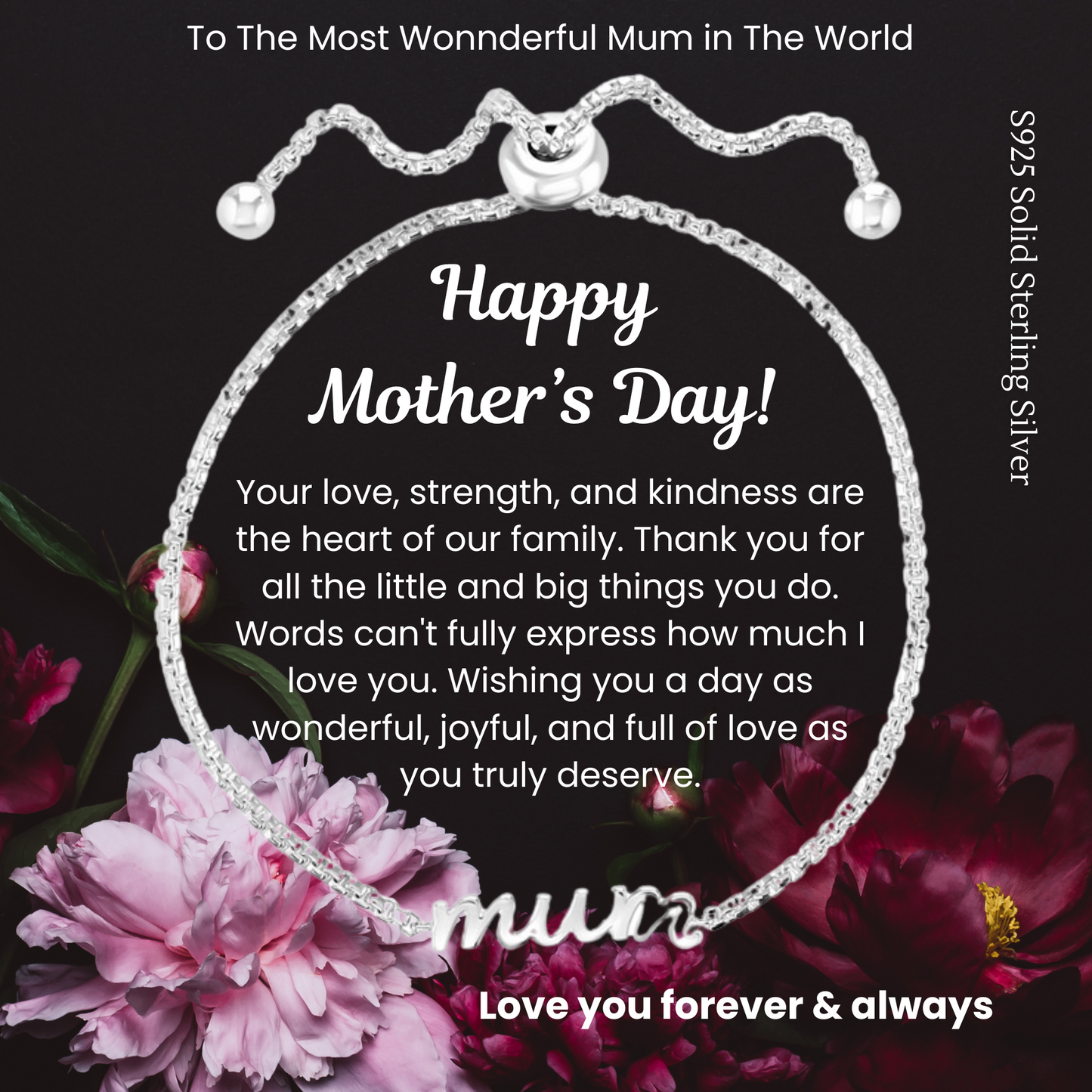 S925 Sterling Silver Mum Toggle Adjustable Bracelet with Message Card