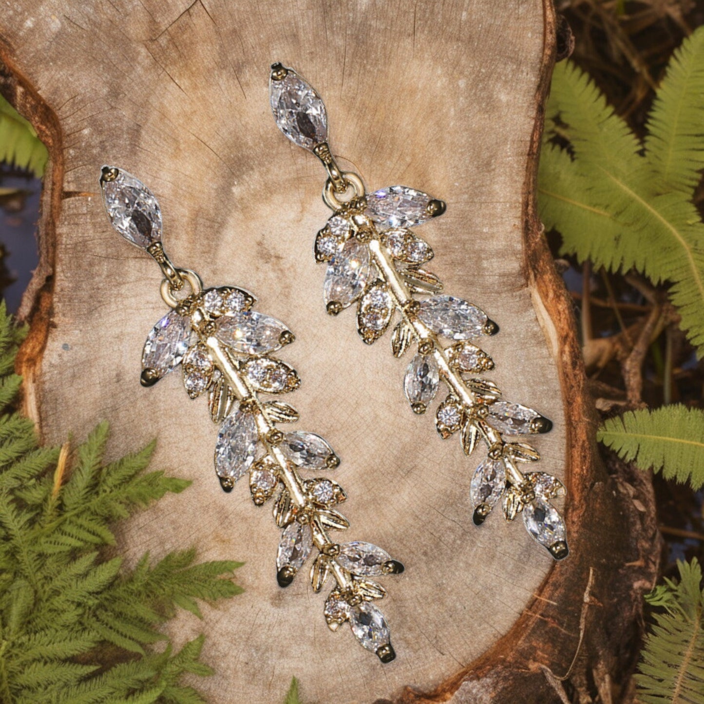 Women Luxury Leaf Crystal Dangle Earrings in Gold Tone