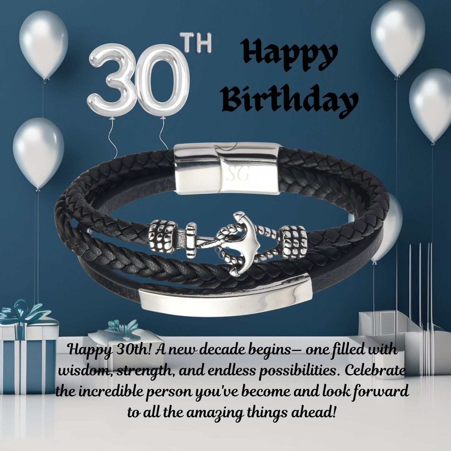 Birthday Gifts for Him 30th 40th 50th 60th 70th 80th 90th 100th Men Birthday Anchor Bracelet Personalised Message