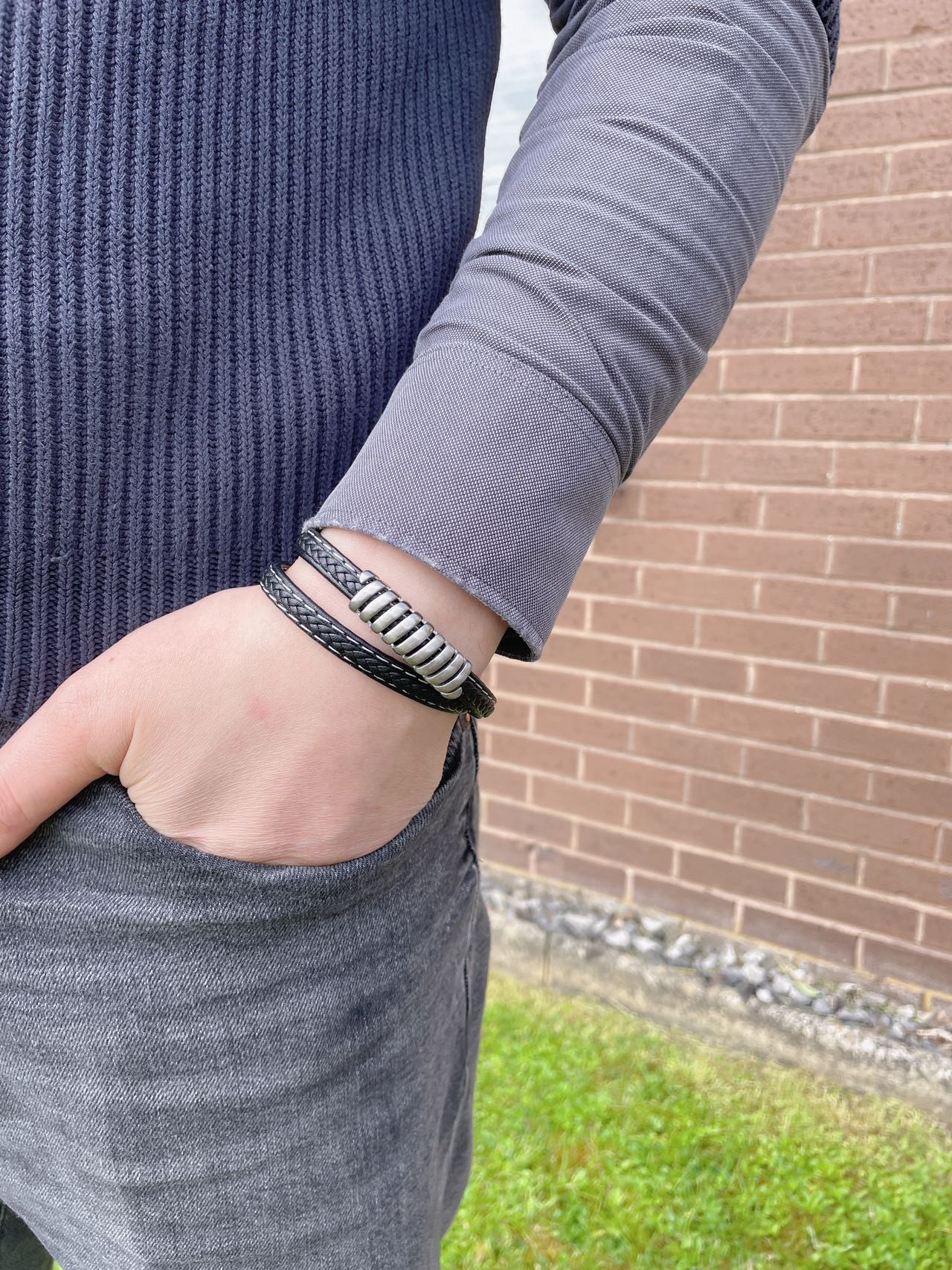 Men’s Twisted 2-Layer Stainless Steel Black Leather Braided Bracelet