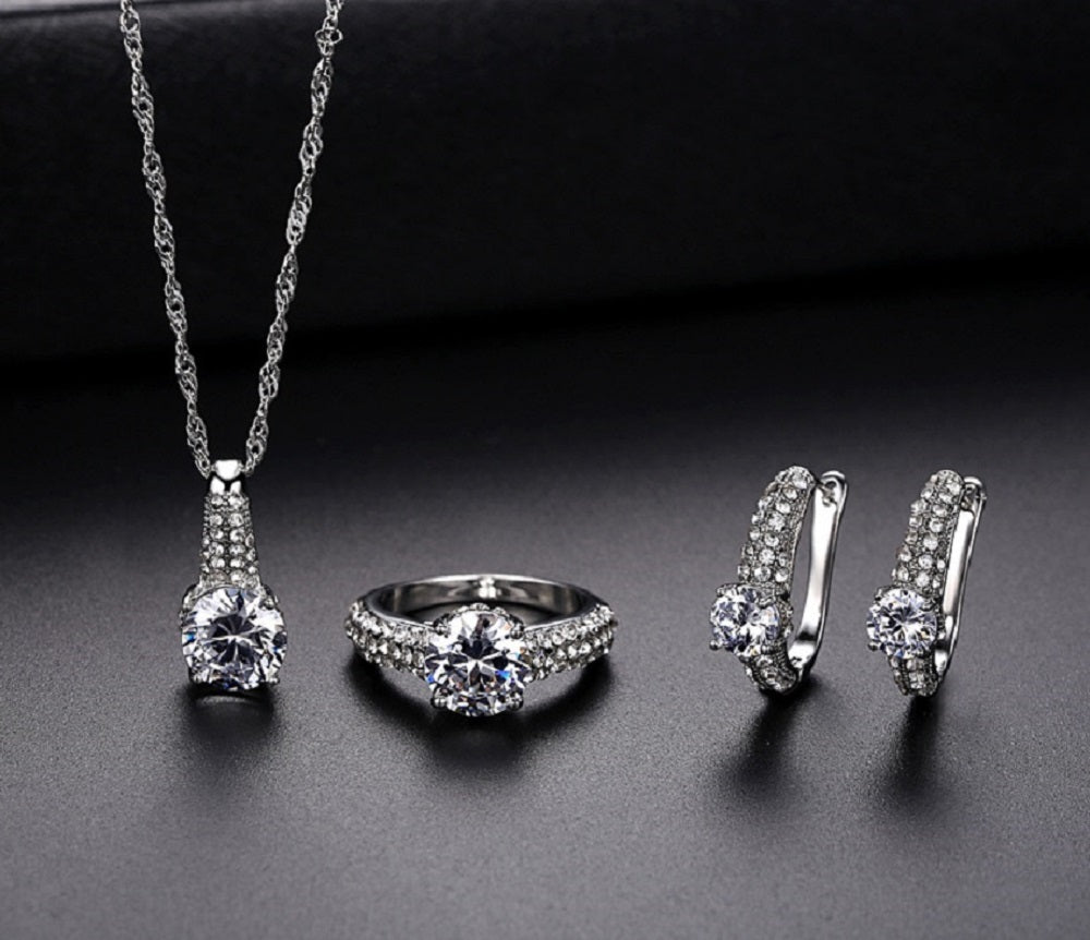 Silver Tone Plated Necklace, Ring and Earrings Tri-set