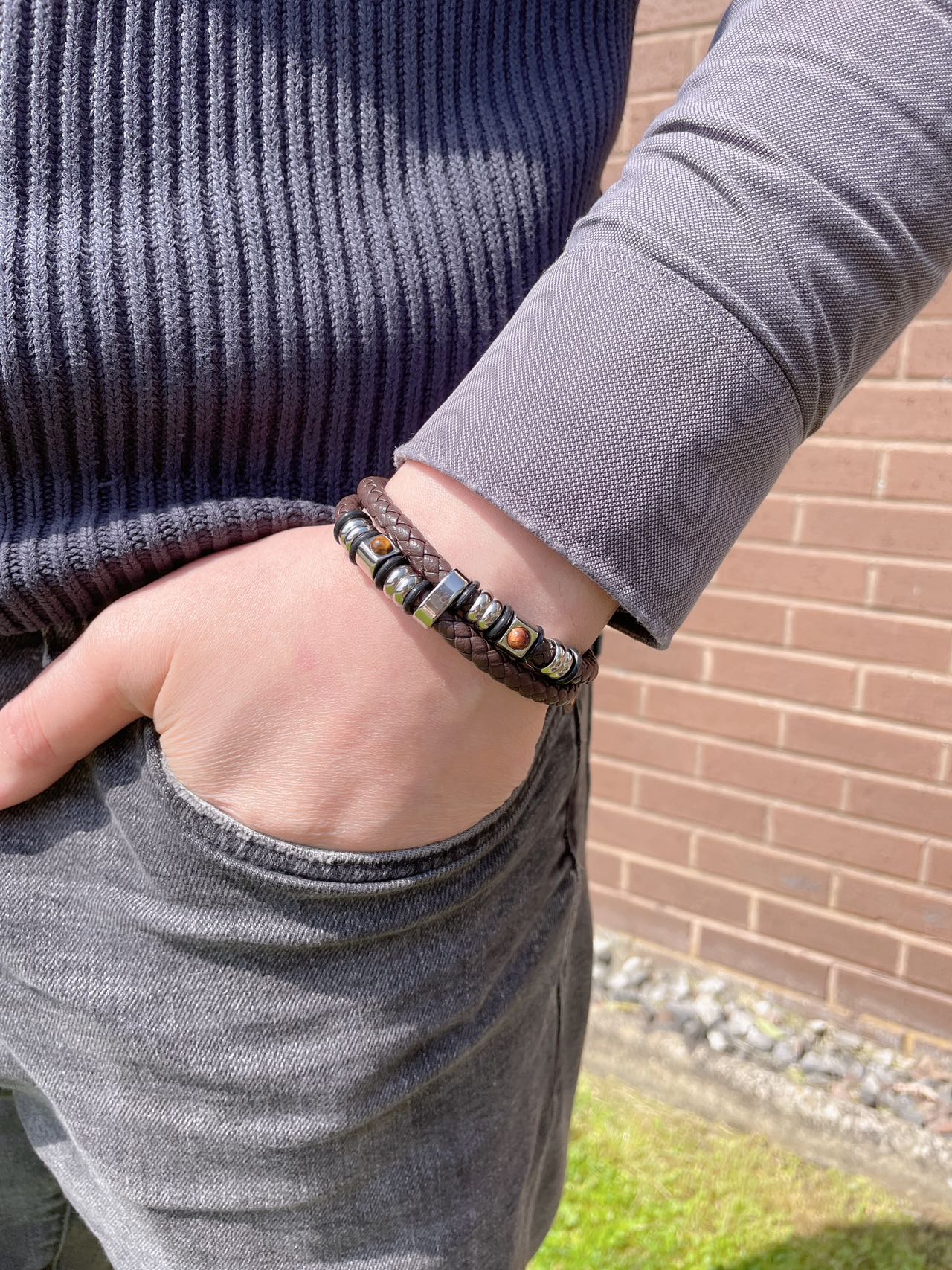 Men’s Hidden Hundred Languages Projection 2-Layer Stainless Steel Beaded Brown Leather Braided Bracelet