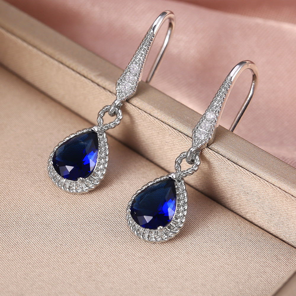 Beautiful Women Blue Sapphire Crystal Waterdrop Hook Earrings