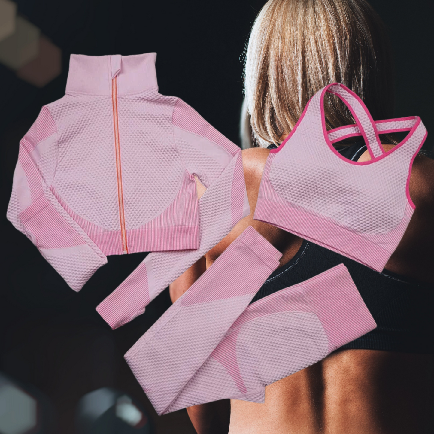 3 Pieces Yoga Gym Set Women Fitness Suit Leggings Jacket Bra in Pink