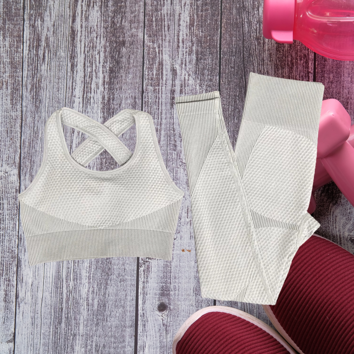 3 Pieces Yoga Gym Set Women Fitness Suit Leggings Jacket Bra in Light Grey