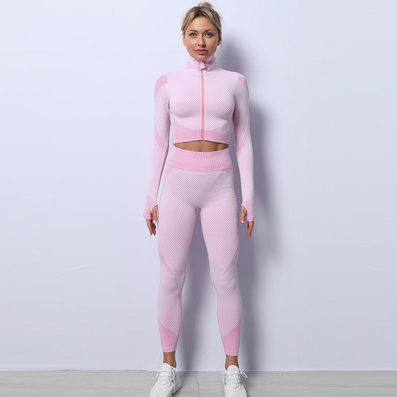 3 Pieces Yoga Gym Set Women Fitness Suit Leggings Jacket Bra in Pink