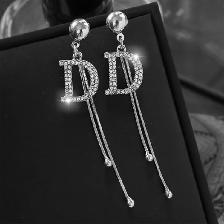 Silver Tone Crystal Letter D Tassel Stud Earrings