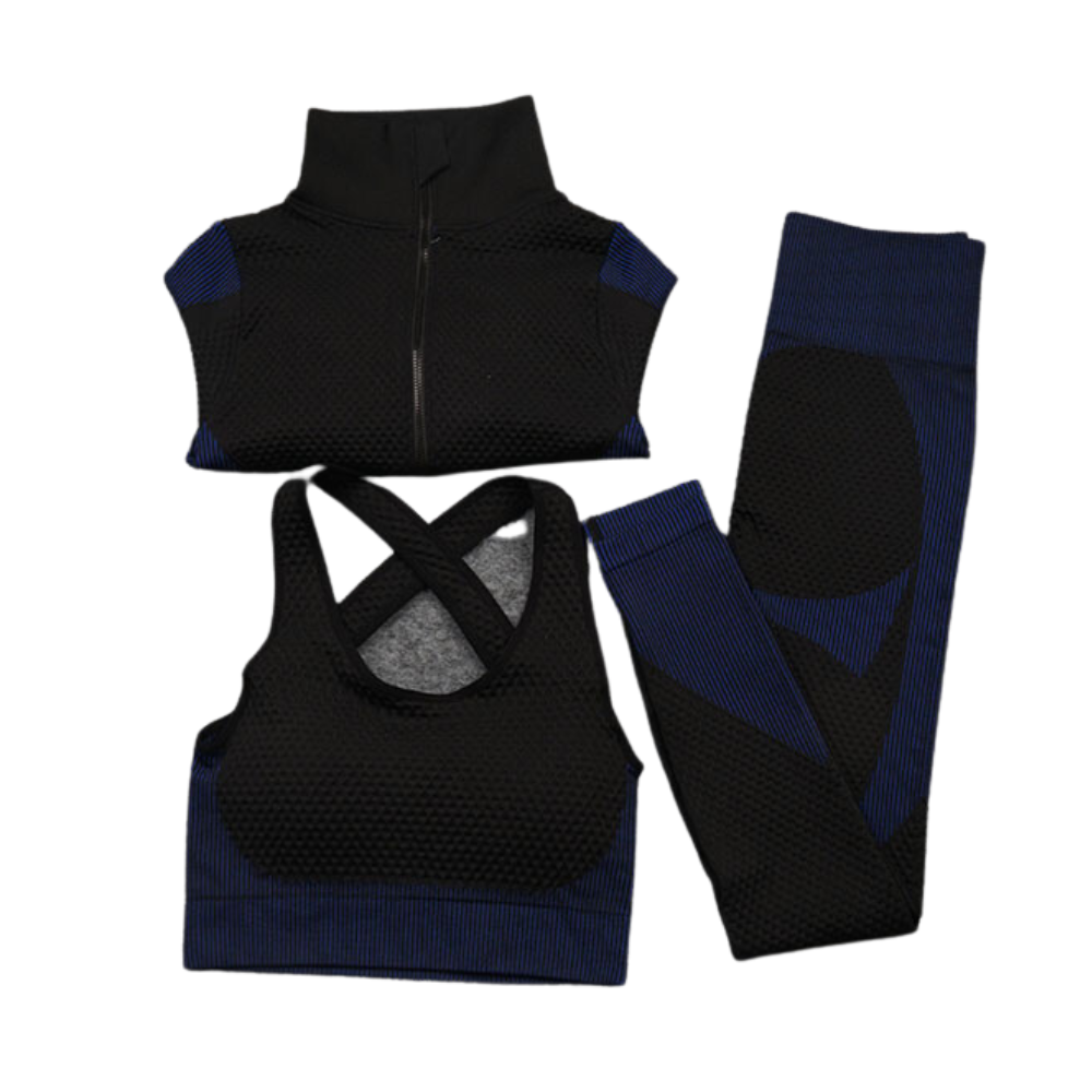 3 Pieces Yoga Gym Set Women Fitness Suit Leggings Jacket Bra in Blue & Black