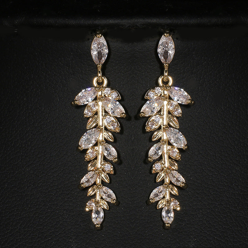 Women Luxury Leaf Crystal Dangle Earrings in Gold Tone