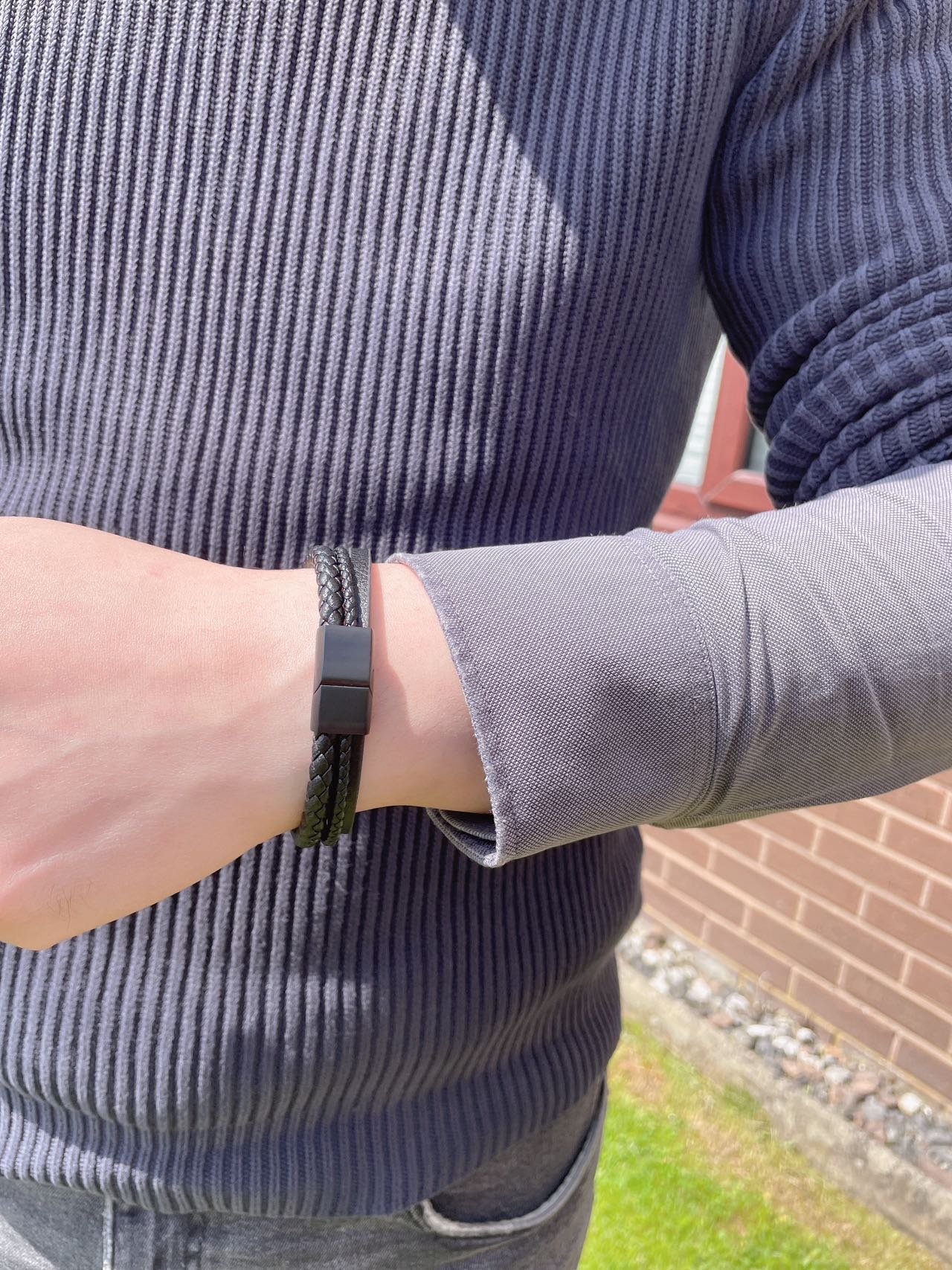 Fashionable 3-Layer Men’s Braised Black Leather Stainless Steel Bracelet